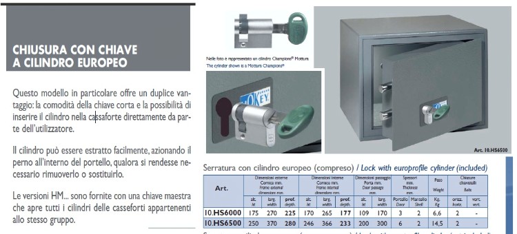 Cassaforte HOKEY cilindro estraibile art. HS6000 mis.175x270x225